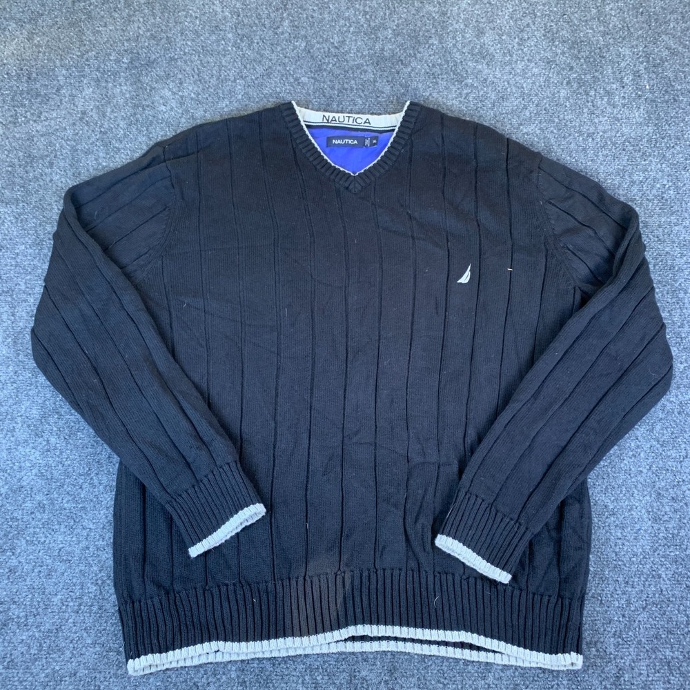 Nautica Sweater Mens XL Black Good V-Neck Ribbed Knit Cotton Pullover Logo